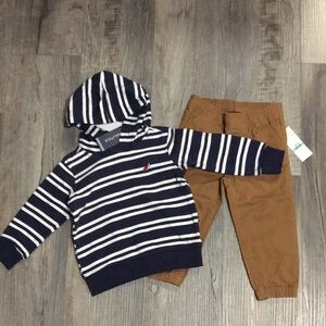 Nautica Navy Striped Hoodie and Brown Pants Set.